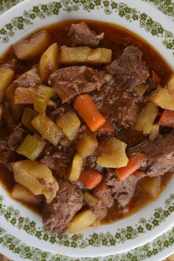 Mom's Crock Pot Beef Stew is an old fashioned beef stew recipe reminiscent of 5 hour beef stew using cubed beef, potatoes, and carrots.