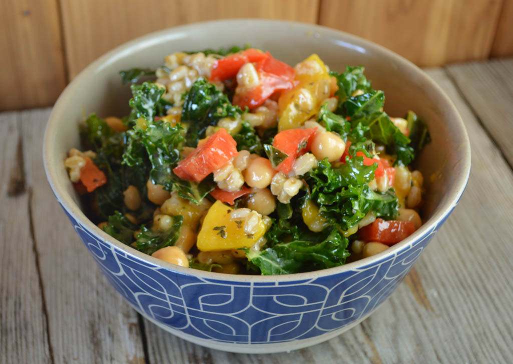 This Simple Mango Farro Kale Salad is flavorful and easy to make. It combines fresh produce with healthy canned foods for a salad that's light, yet filling.