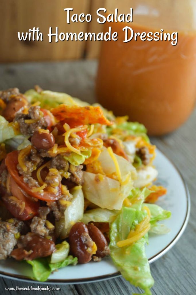 This Taco Salad with Homemade Dressing is perfect for your next pitch-in or as a fun weeknight dinner for the family. The homemade dressing uses a can of tomato soup so it's easy to put together and everyone will love the flavor.