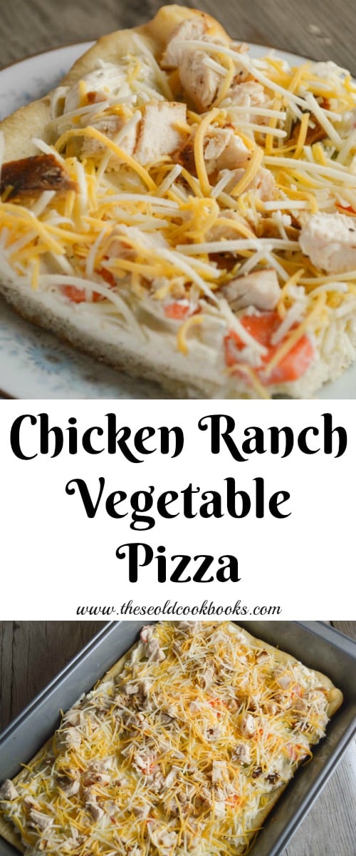 Adding grilled chicken turns the classic cream cheese vegetable bars with a crescent roll crust into this delicious Chicken Ranch Vegetable Pizza.