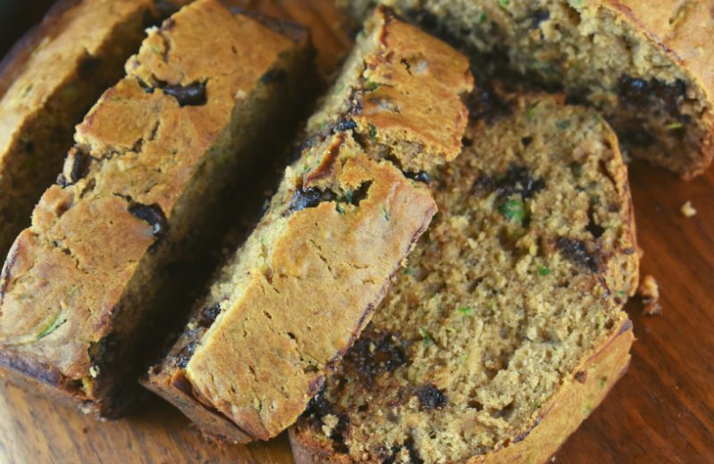 Moist zucchini bread with chocolate chips is a recipe using healthier alternatives like applesauce and coconut oil.