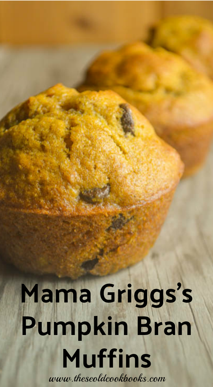 Mama Griggs's Pumpkin Bran Muffins are full of flavor - and chocolate chips - and are perfect for breakfast, afternoon snack or dessert.
