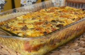 Egg and Sausage Breakfast Casserole is a simple breakfast option with just seven ingredients including ground sausage, eggs, cheese, leftover bread, dry mustard, salt and milk.