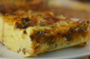 Egg and Sausage Breakfast Casserole is a simple breakfast option with just seven ingredients including ground sausage, eggs, cheese, leftover bread, dry mustard, salt and milk.