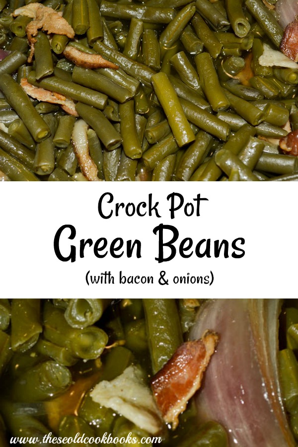 These Crock Pot Green Beans with bacon and onions are easy to make for a crowd. A work pitch-in, family reunion or holiday dinner is not complete without this iconic side dish.