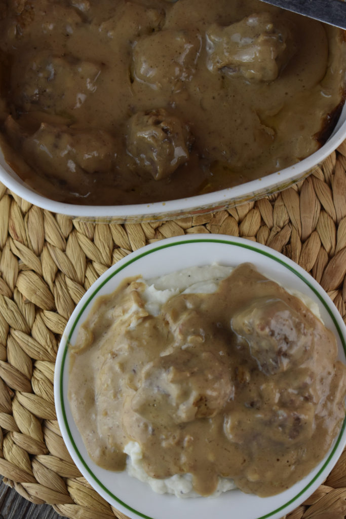 Sunday Church Beef Tips (an oven beef and gravy recipe) uses just five ingredients including beef stew meat and cream of mushroom soup.