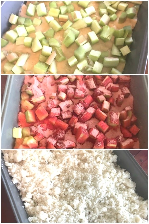 Grandma's Rhubarb Streusel Dessert starts with fresh rhubarb, adds strawberry jello and finishes with a crumb topping.