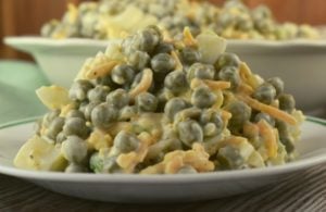 Using just one can of peas, this Old-Fashioned Pea Salad recipe is perfect for a side dish for a normal meal without too many leftovers. However, it can easily be doubled (or tripled) for cookouts and pitch-ins. This pea salad can be eaten right away or chilled for later.