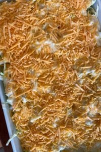 Old-Fashioned Cheesy Cabbage Casserole recipe features a list of common ingredients for easy prep.
