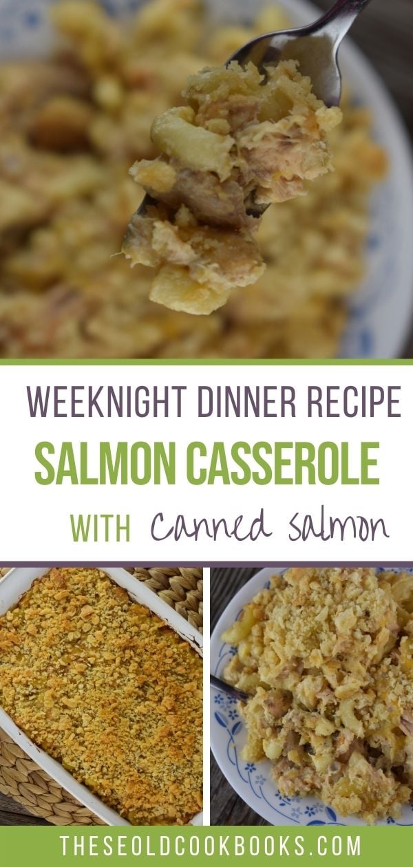 Salmon Casserole features canned salmon, macaroni, cream of celery soup and cheese.