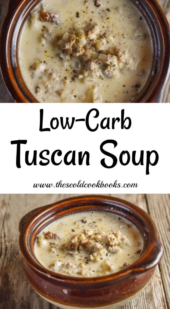 Low-Carb Tuscan Soup features sausage and riced cauliflower (and some heavy whipping cream) for a comforting family-friendly meal. This gluten-free soup is quick to pull together for an easy weeknight dinner.