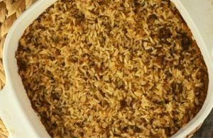 With only 4 ingredients,  French Onion Rice Casserole has loads of rich flavor and is a great side dish for your favorite beef, chicken or pork dish. Often called Stick of Butter Rice, this French Onion Rice in Oven Recipe also uses condensed French Onion Soup, Beef Broth and Dry Instant Rice. 