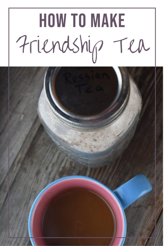 This Friendship Tea recipe is a homemade tea mix that combines instant tea, lemonade and Tang with some spices for a perfect warm drink. Make up a batch of this Friendship Tea to have on hand when guests drop in or to give as the perfect homemade gift with a plate of cookies.
