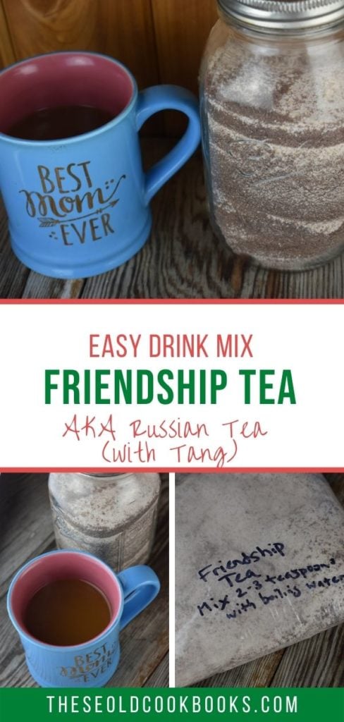 This Friendship Tea recipe is a homemade tea mix that combines instant tea, lemonade and Tang with some spices for a perfect warm drink. Make up a batch of this Friendship Tea to have on hand when guests drop in or to give as the perfect homemade gift with a plate of cookies.