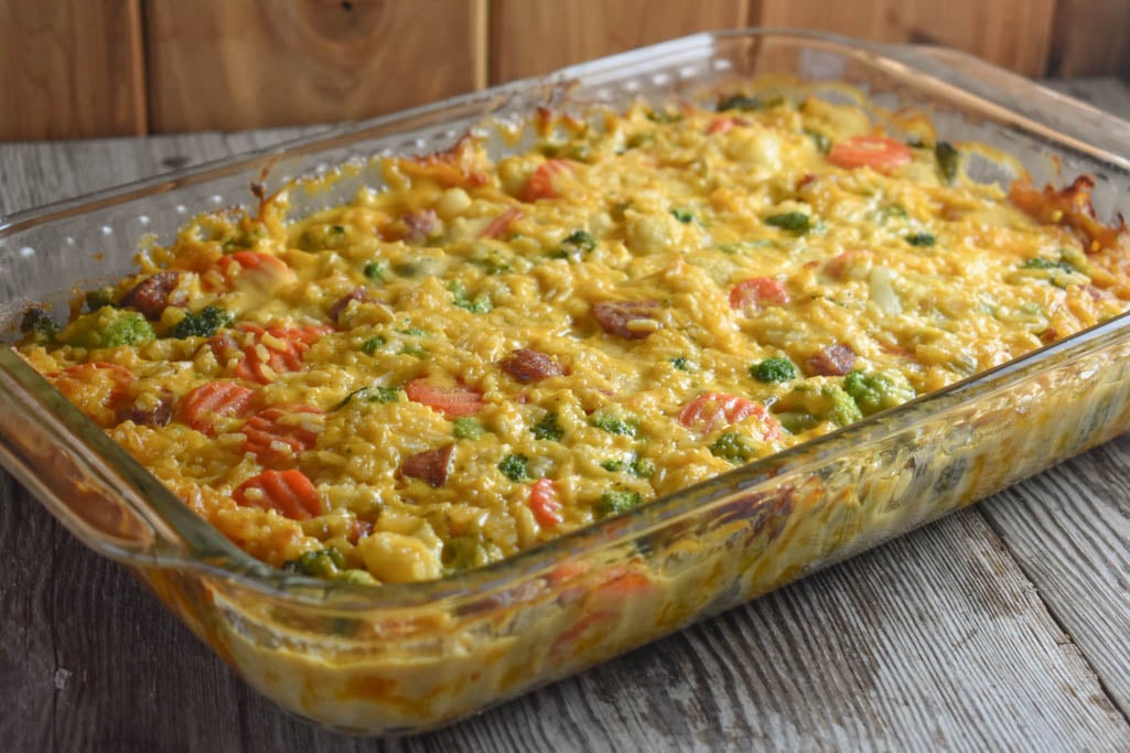 Cheesy Smoked Sausage and Vegetable Casserole