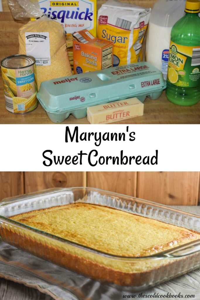 Maryann's Sweet Cornbread is quick to put together using baking mix, corn meal and creamed corn. It's a perfect side dish with your favorite chili or soup.