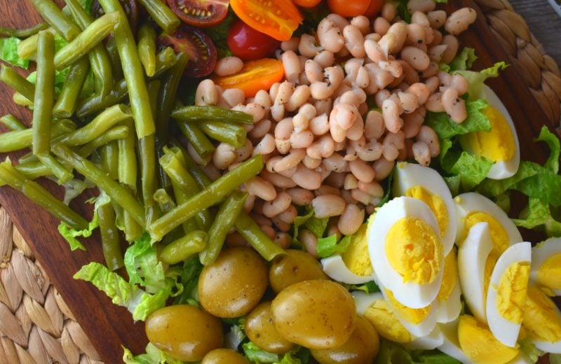 This version of a French Dinner Salad is inspired by the traditional Nicoise salad consisting of romaine lettuce, hard-boiled eggs, tomatoes, green beans, baby potatoes and Great Northern beans. 