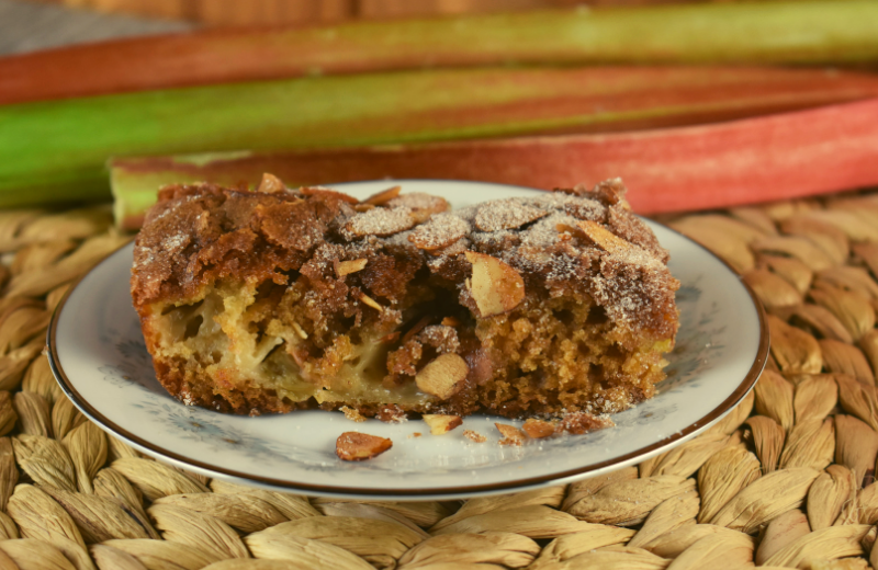 Old Fashioned Rhubarb Coffee Cake Recipe features a homemade cake filled with delicious rhubarb and a crunchy cinnamon sugar topping.  This will quickly become one of your favorite coffee cake recipes.