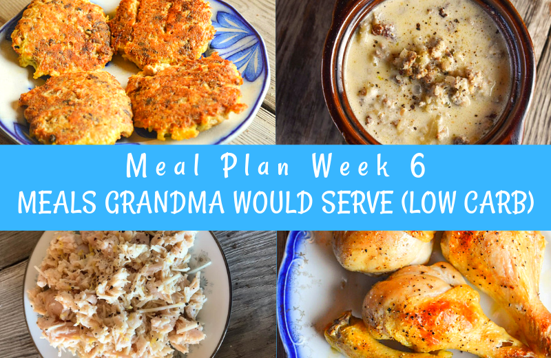 The Weekly Meal Plan for Week 6 includes all Low Carb Recipes including 4 Ingredient Chicken Legs, Mashed Cauliflower in the Instant Pot, Baked Spaghetti Squash Casserole, Beef Fried Cauliflower Rice, Chorizo Taco Soup, Lemon Chicken Salad, Tuscan Soup with Sausage, Salmon Patties and Sesame Broccoli.