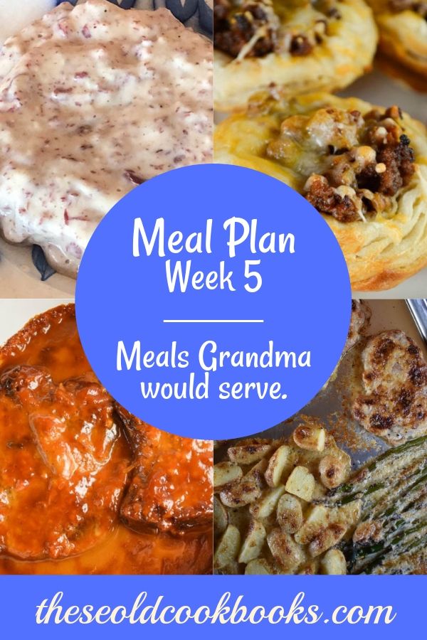 The Weekly Meal Plan for Week 5 includes Crock Pot Beef Brisket, Cheesy Cabbage Casserole, Sheet Pan Chicken and Veggies, Rhubarb Muffins, Classic Sloppy Joes, Skillet Macaroni and Cheese, Crock Pot Beef Enchiladas, Baked Cranberry Pork Chops, Old Fashioned Creamed Peas, Chipped Beef Gravy, Old Fashioned Fruit Salad, Sloppy Joe Cups, and 4 Ingredient Crock Pot Cheesy Potatoes.