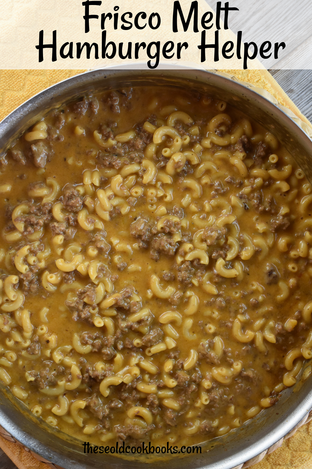 Frisco Melt Hamburger Helper is all the flavors of a classic Steak 'n Shake Frisco melt burger in the form of a quick, weeknight pasta.  The ingredients are simple---ground beef, macaroni, thousand island and french dressings, ketchup, Worcestershire sauce, Swiss cheese and Velveeta.  When combined into a homemade version of hamburger helper, your mouth will rejoice and your family will applaud. 