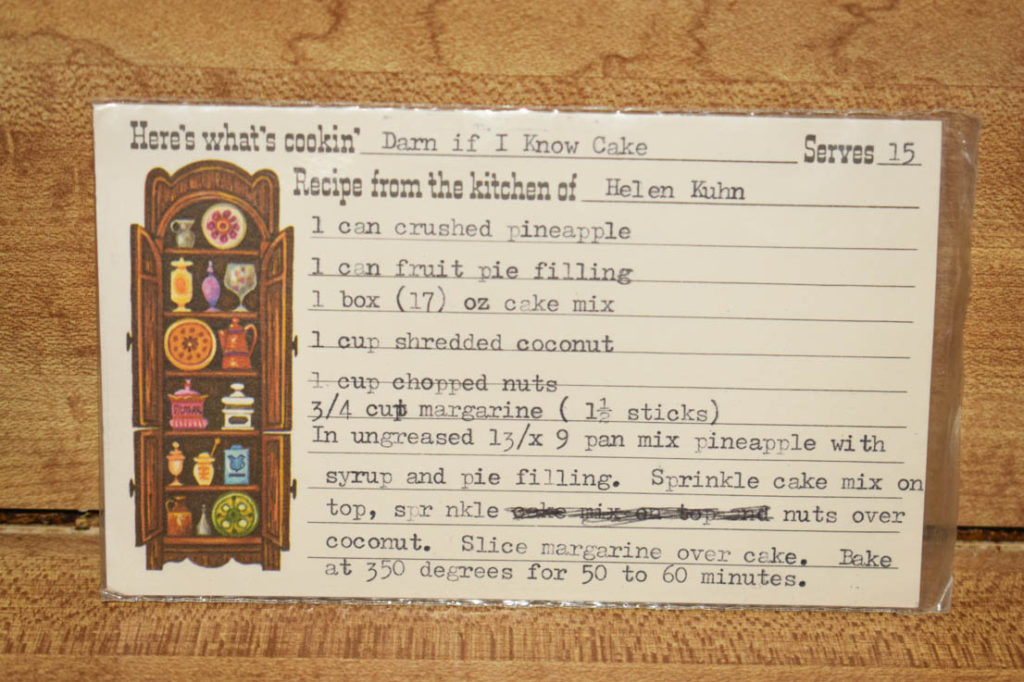 Our grandma had this typed recipe card for Darn if I Know Cake in her recipe box.