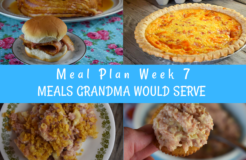 The Weekly Meal Plan for Week 7 includes Brown Sugar Crock Pot Spiral Ham, Ranch Cauliflower Salad, Baileys Milk, Maple Sausage Pigs in a Blanket, Mom's Poppyseed Bread, Ham Salad Sandwich Spread, Leftover Ham and Noodle Casserole, Tangy Wilted Kale and Bacon,  Easy Taco Salad, Make Ahead Ham and Cheese Quiche, 3 Ingredient Chicken Salad, Spicy Roasted Zucchini, Instant Pot Ham and Beans and Sweet Cornbread.