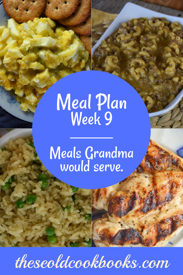 The Weekly Meal Plan for Week 9 includes Easiest Grilled Chicken Ever, Fresh Broccoli Casserole, Dirty White Russian Cocktail, Instant Pot Sweet and Sour Pork, Rice Pilaf with Peas, Baked Oatmeal, Chicken Bow Tie Pasta Salad, Flank Steak Salad, Cheesy Taco Dip, Frisco Melt Hamburger Helper, Egg Salad without Mayo, Tangy Wilted Kale and Bacon, and Salmon Casserole.