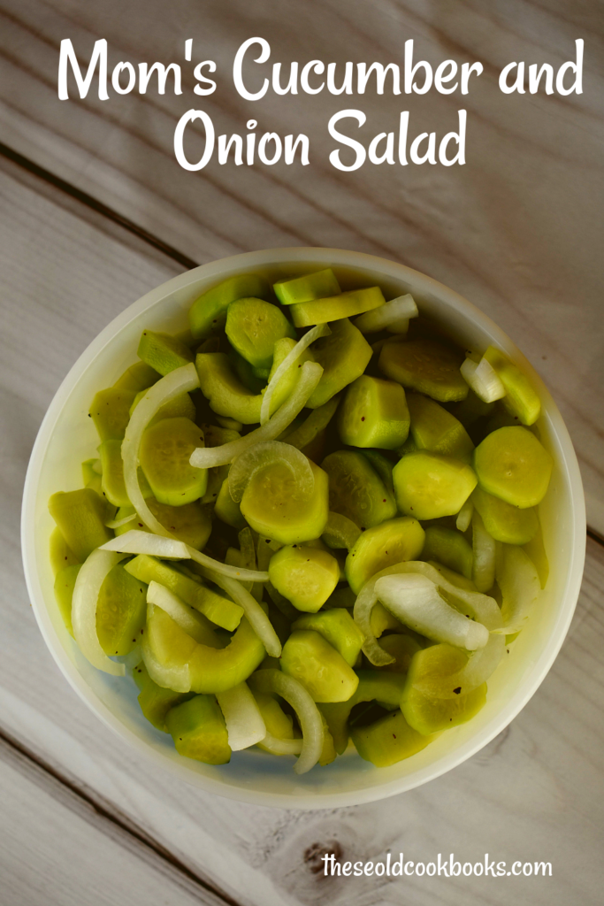 Mom's Cucumber and Onions is an old fashioned recipe featuring simple garden vegetables.  The ingredients are simple--cucumbers, onions, salt, vinegar, sugar, celery seed and black pepper, but the finished result is the perfect accompaniment to any summer meal.