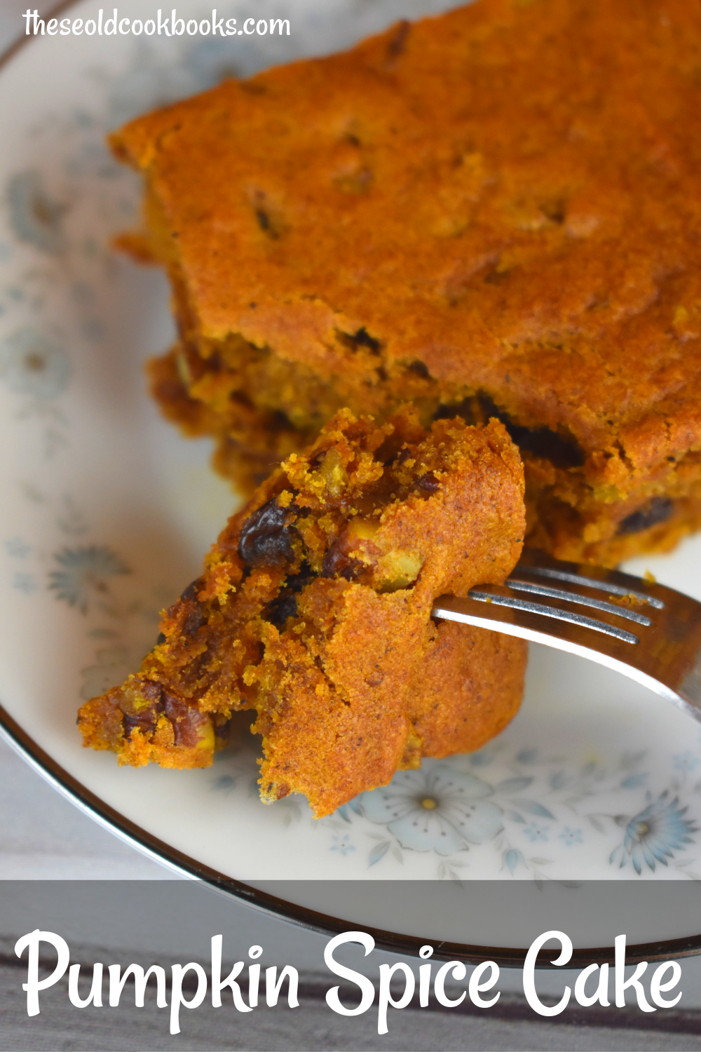 Vintage Spiced Pumpkin Cake is a simple recipe to follow that is big on flavor---featuring cinnamon and ground cloves.  The addition of raisins gives this pumpkin spice cake a perfect moist texture.  Serve with coffee for breakfast or add a cream cheese icing for an easy dessert option.