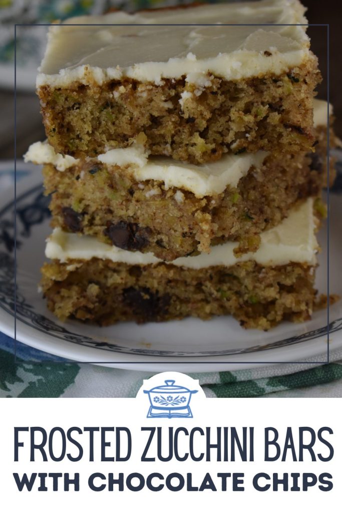 Frosted Zucchini Bars with Chocolate Chips are perfect dessert to use up summer zucchini. These delectable zucchini bars features a tasty cream cheese icing, a moist texture and a rich chocolate chip flavor. Plus, it feeds a crowd!
