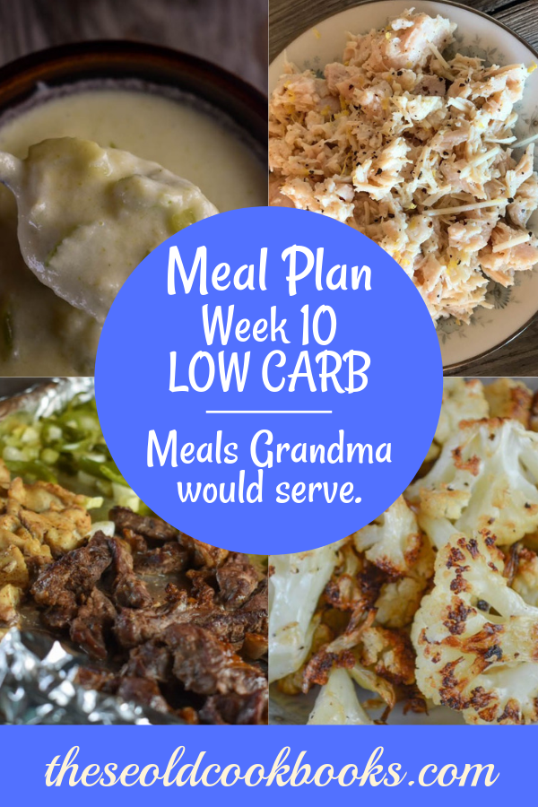 The Weekly Meal Plan for Week 10 includes a ton of great low carb/keto recipes including Grilled Pork Steak and Instant Pot Braised Kale, Crust-less Make Ahead Ham and Cheese Quiche, Crock Pot Pepper Jack Chicken, Sheet Pan Fajitas, Lemon Chicken Salad and Cream of Celery Soup, Taco Stuffed Peppers, Baked Tilapia and Roasted Cauliflower.