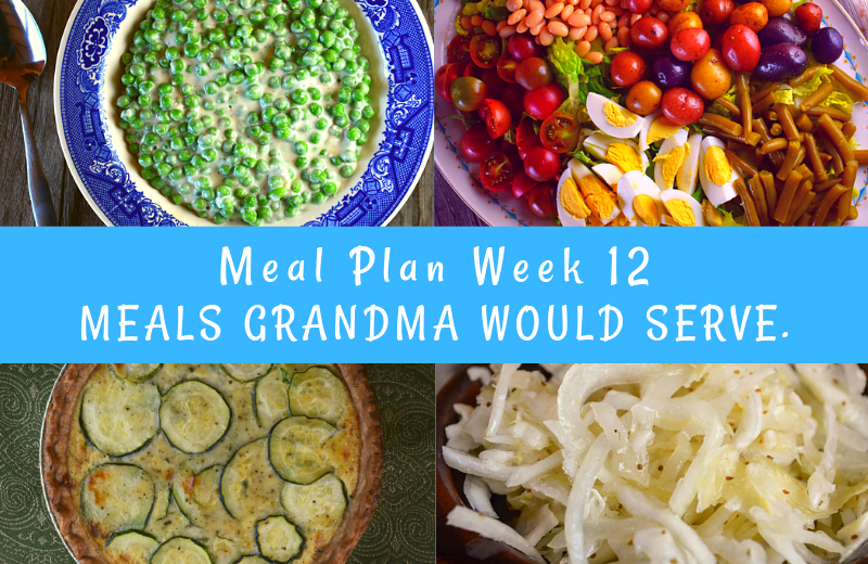 The Weekly Meal Plan for Week 12 includes Crock Pot Beef Brisket, Old Fashioned Cheesy Cabbage Casserole, Amaretto Pina Coladas, Zucchini Quiche, Rhubarb Bread, Maple Sausage Pigs in a Blanket, Crunchy Potato Chip Crusted Chicken Tenders, French Dinner Salad, Easy Sloppy Joes, Sweet and Sour Coleslaw, Tender Crock Pot Spareribs, Sauteed Swiss Chard and Beans, Amaretto Chicken and Rice, Creamed Peas, Sloppy Joe Cups, and Crock Pot Baked Beans with Pineapple.