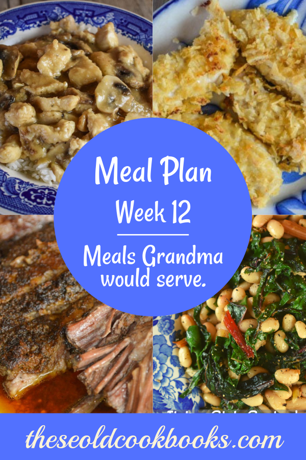 The Weekly Meal Plan for Week 12 includes Crock Pot Beef Brisket, Old Fashioned Cheesy Cabbage Casserole, Amaretto Pina Coladas, Zucchini Quiche, Rhubarb Bread, Maple Sausage Pigs in a Blanket, Crunchy Potato Chip Crusted Chicken Tenders, French Dinner Salad, Easy Sloppy Joes, Sweet and Sour Coleslaw, Tender Crock Pot Spareribs, Sauteed Swiss Chard and Beans, Amaretto Chicken and Rice, Creamed Peas, Sloppy Joe Cups, and Crock Pot Baked Beans with Pineapple.