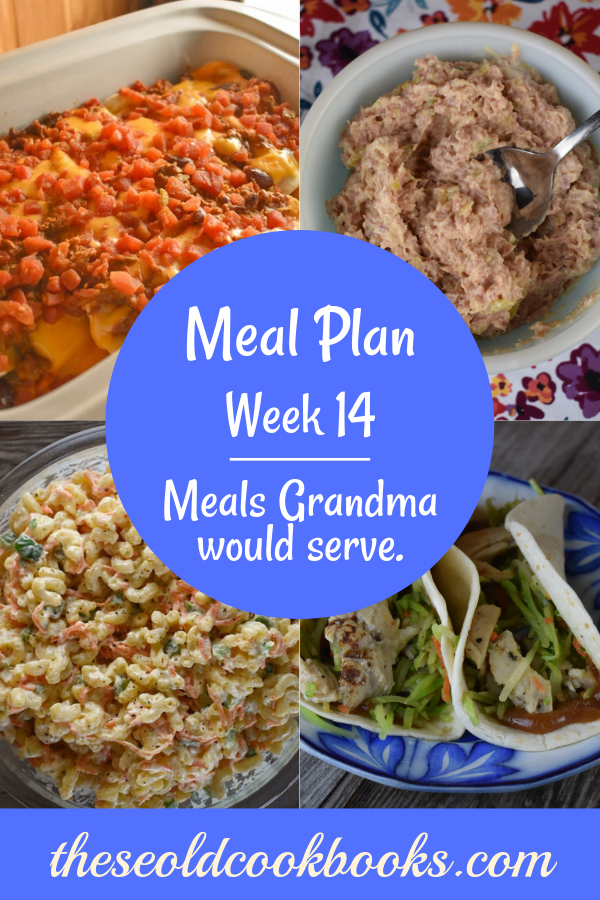 The Weekly Meal Plan for Week 14 includes Thai Chicken Wraps, Jalapeno Pineapple Limeade, Crock Pot 20 Clove Garlic Chicken, French Onion Rice Casserole, Ham Salad Spread, Spicy Roasted Zucchini, Crock Pot Enchiladas, Ground Beef Shepherd's Pie, Chicken Noodle Casserole, Classic Salmon Patties and Macaroni Salad.