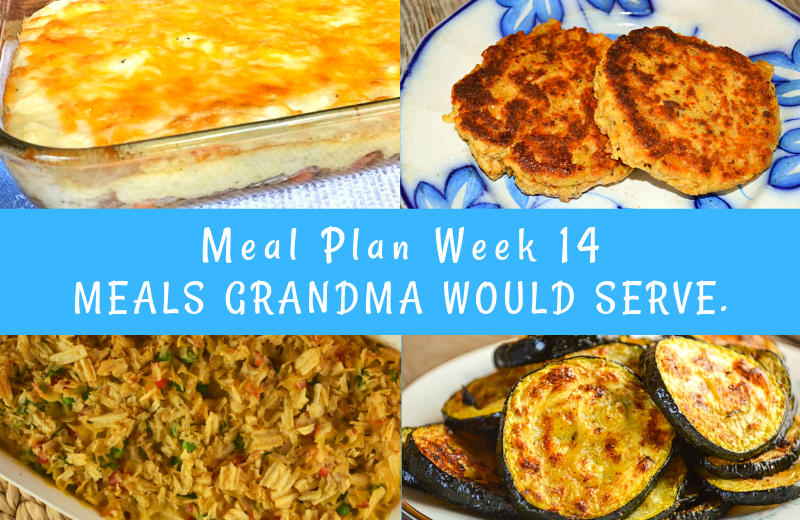The Weekly Meal Plan for Week 14 includes Thai Chicken Wraps, Jalapeno Pineapple Limeade, Crock Pot 20 Clove Garlic Chicken, French Onion Rice Casserole, Ham Salad Spread, Spicy Roasted Zucchini, Crock Pot Enchiladas, Ground Beef Shepherd's Pie, Chicken Noodle Casserole, Classic Salmon Patties and Macaroni Salad.