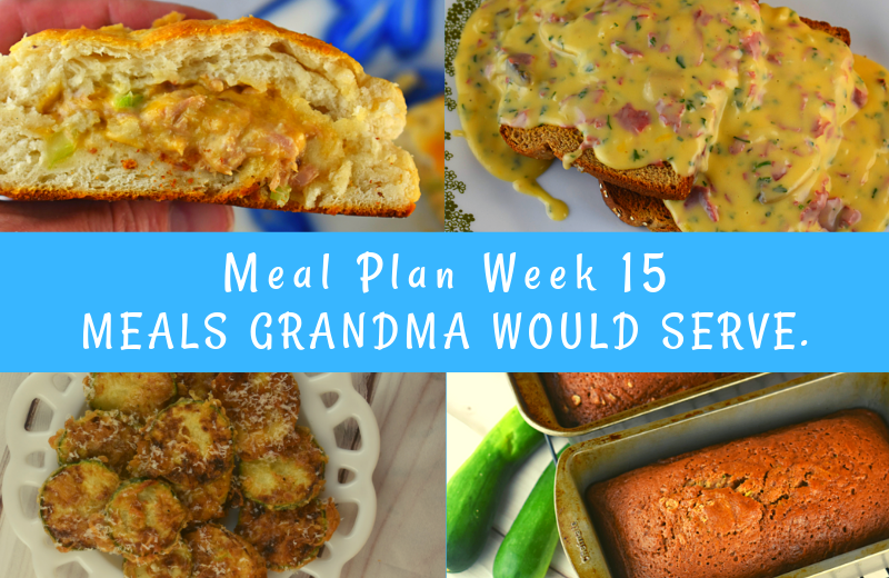 The Weekly Meal Plan for Week 15 includes Vintage Barbecue Burgers, Pan Fried Zucchini, Eggs in a Basket, Classic Zucchini Bread, Strawberry Rhubarb Jam, Tuna Melt Turnovers, Crock Pot Calico Beans, Instant Pot Taco Beef, Taco Chopped Salad, Creamed Chipped Beef Gravy, French Onion Joes, Crock Pot Cheesy Corn, 3 Ingredient Chicken Salad and Dill Pea Salad.
