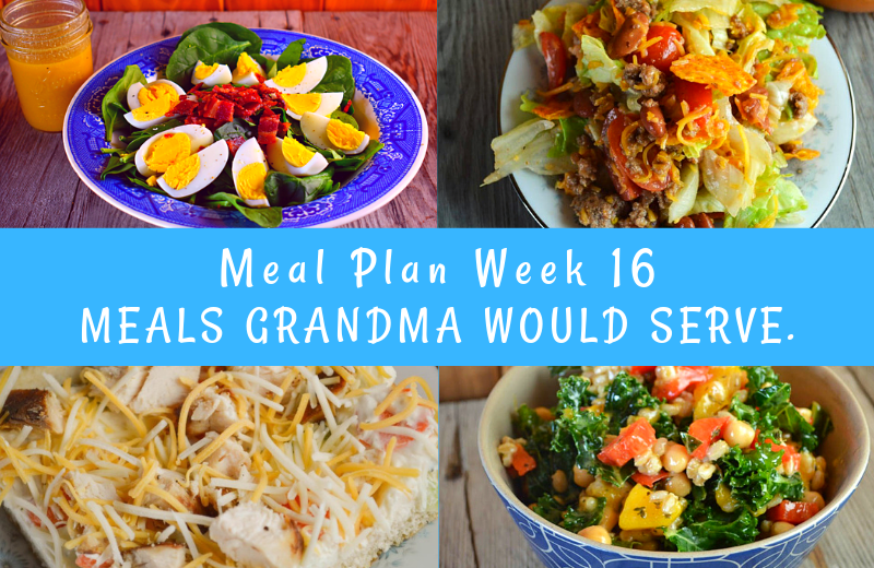 The Weekly Meal Plan for Week 16 includes recipes that won't heat up your kitchen including Classic Orange Julius, Crock Pot Mock Fried Chicken and Classic Spinach Salad, Crock Pot Banana Bread, Seafood Salad, Mom's Cucumbers and Onions, Taco Salad with Homemade Dressing, Chicken Ranch Vegetable Pizza and Old Fashioned Fruit Salad, Grilled Pork Steak and Mango Farro Salad, Crock Pot Brats and Easy BLT Dip, and Tuna BBQ and Crunchy Ranch Pea Salad.