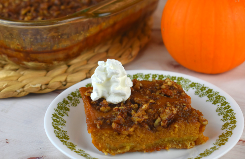 Praline Pumpkin Pie Bars are a three layer dessert that have all the elements of traditional pumpkin pie with an added brown sugar praline crunch on top. This recipe is straight from Grandma's wooden recipe box.