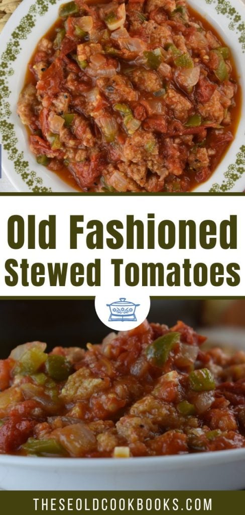 Old Fashioned Stewed Tomatoes are a treat for your taste buds.  Sweet garden tomatoes are cooked slowly with onions, green peppers and butter to form a rich sauce which is soaked up with chunks of bread.  This is the perfect accompaniment for any summer meal. 