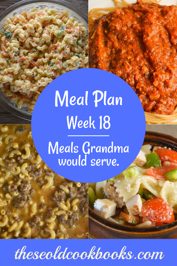 The Weekly Meal Plan for Week 18 includes Classic Coney Dogs and Macaroni Salad, Old Fashioned Rhubarb Coffee Cake and Cheesy Egg Bake, 6 Ingredient Chicken Stir Fry, Frisco Melt Hamburger Helper, Chicken Bow Tie Pasta Salad, Classic Salmon Patties and Asparagus Corn Salad, and Crock Pot Spaghetti Sauce and Pizza Batter Bread.