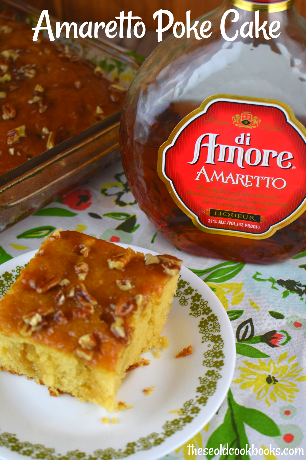 Amaretto Poke Cake isn't just for Amaretto lovers.  It's a moist cake that pairs great with coffee for breakfast or makes the most delicious dessert for all ages. It features a decadent Amaretto glaze that is poured over an amped up box caked mix.