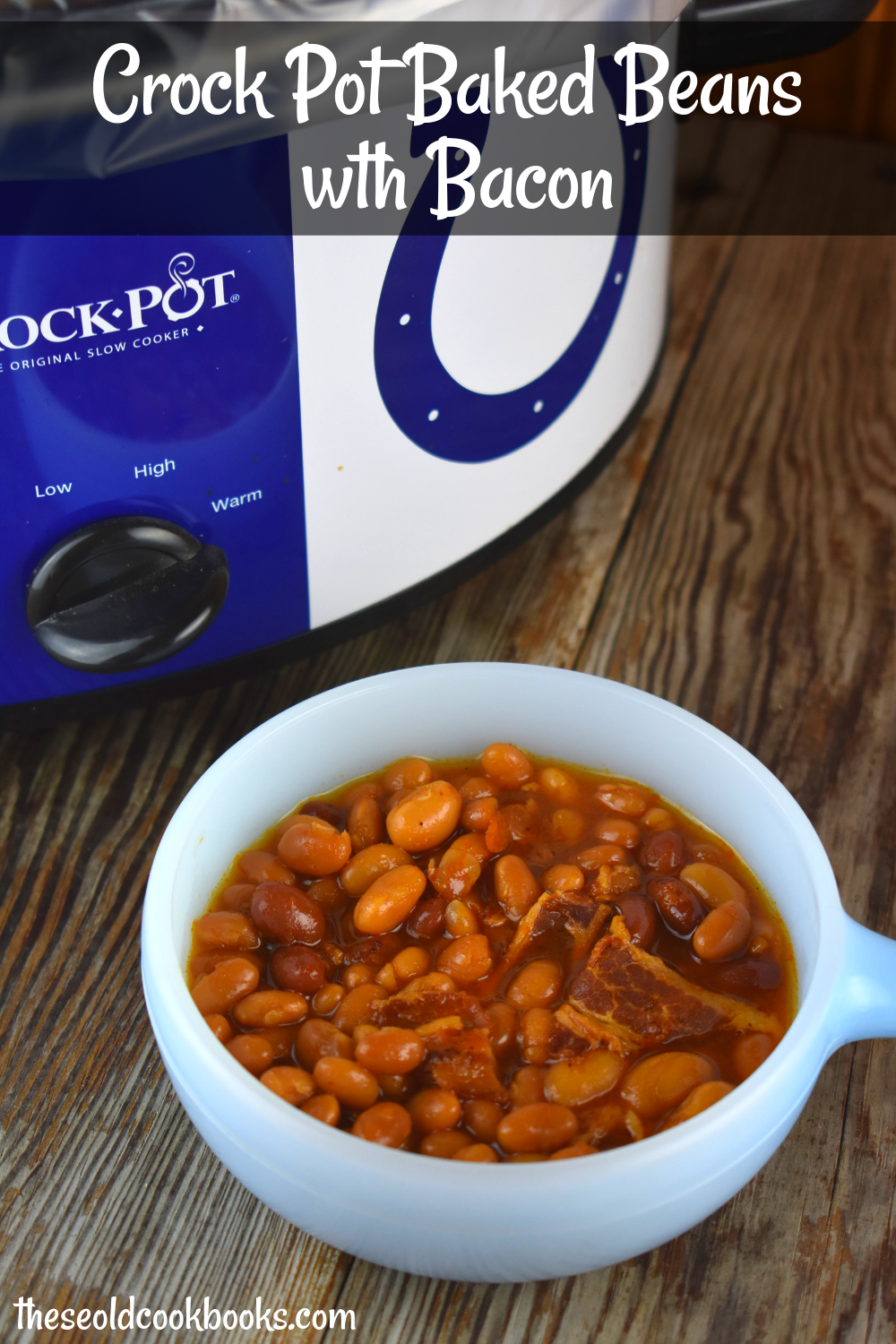 Crock Pot Baked Beans with Bacon is an easy recipe to throw together for your next party.  A combination of canned beans are bathed in a sweet brown sugar and ketchup based sauce that will compliment any entree.