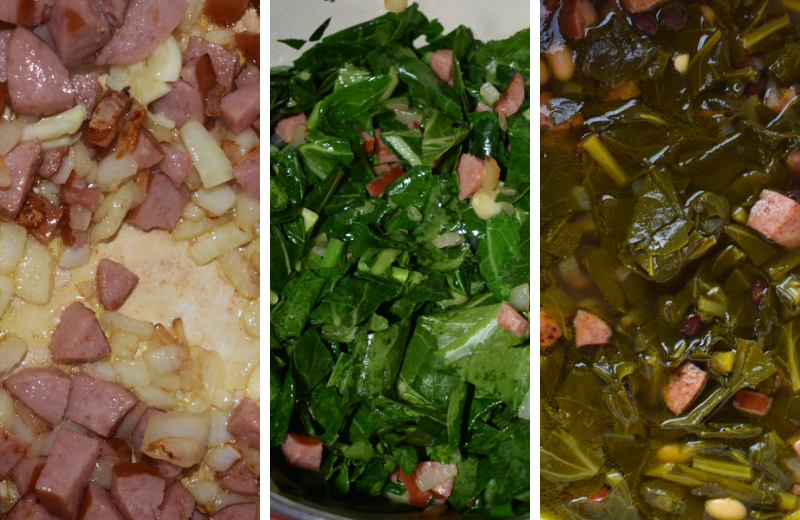 Collard Greens and Bean Soup is a new spin on those classic southern collard greens.  The addition of kielbasa, black beans and Great Northern beans make this healthy vegetable into a full meal.