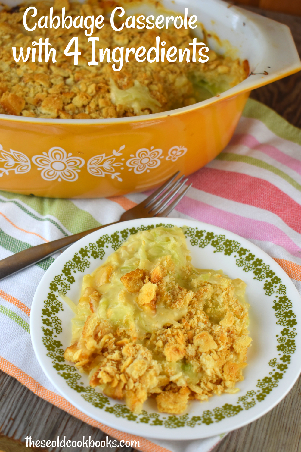 This 4 Ingredient Cabbage Casserole is simple to make featuring cabbage, cream of celery soup, Velveeta and butter crackers.  The creaminess of the casserole complements the buttery crunchy of the topping for a crowd-pleasing side dish that can be served any time of year.
