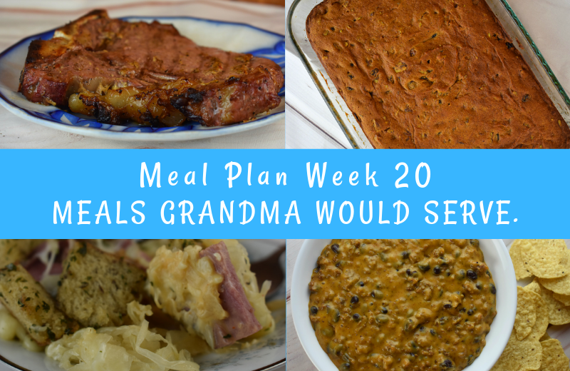 The Weekly Meal Plan for Week 20 includes 3 Ingredient Steak Marinade, Easy Pan Fried Zucchini, Jalapeno Cape Codder, Make Ahead Ham and Cheese Quiche, Vintage Spiced Pumpkin Cake, Easy Reuben Casserole, Crock Pot Enchilada Meatloaf, Velveeta Dip with Black Beans, 4 Ingredient Chicken Legs, Old Fashioned Stewed Tomatoes, Stove Top Italian Bean Soup, Tuna Melt Turnovers and Sweet and Sour Green Beans. 