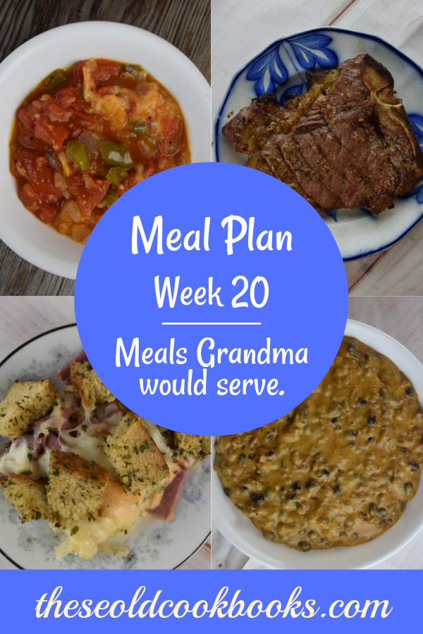 The Weekly Meal Plan for Week 20 includes 3 Ingredient Steak Marinade, Easy Pan Fried Zucchini, Jalapeno Cape Codder, Make Ahead Ham and Cheese Quiche, Vintage Spiced Pumpkin Cake, Easy Reuben Casserole, Crock Pot Enchilada Meatloaf, Velveeta Dip with Black Beans, 4 Ingredient Chicken Legs, Old Fashioned Stewed Tomatoes, Stove Top Italian Bean Soup, Tuna Melt Turnovers and Sweet and Sour Green Beans. 