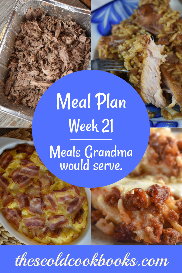 The Weekly Meal Plan for Week 21 includes Oven Pulled Pork, Cheesy Potatoes with Bacon, Hard Blackberry Lemonade, Pumpkin Waffles, Cheesy Egg Casserole, Crock Pot French Onion Pork Chops and Rice, Sheet Pan Fajitas, Bologna Salad, Spicy Roasted Zucchini, Mom's Slow Cooker Beef Stew, Spaghetti Pie and Chocolate Zucchini Bread with Mocha Glaze.