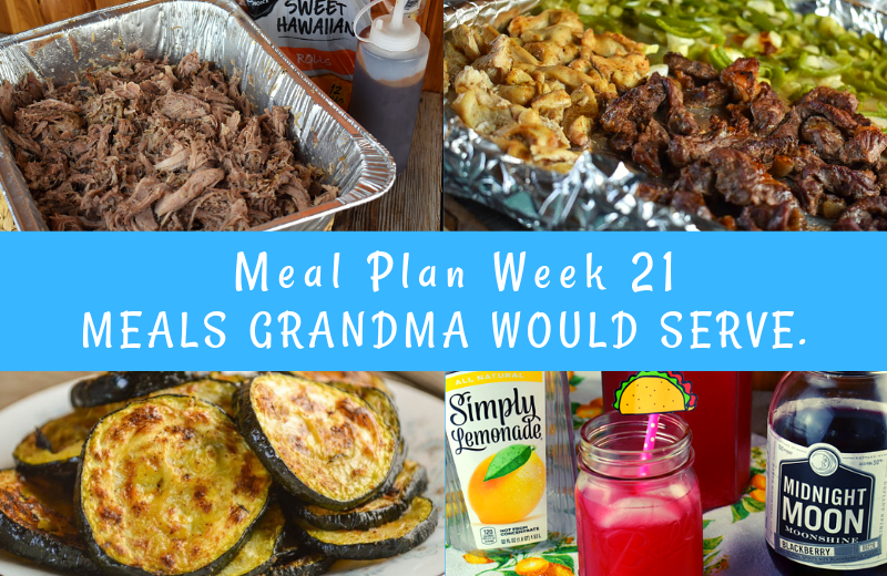 The Weekly Meal Plan for Week 21 includes Oven Pulled Pork, Cheesy Potatoes with Bacon, Hard Blackberry Lemonade, Pumpkin Waffles, Cheesy Egg Casserole, Crock Pot French Onion Pork Chops and Rice, Sheet Pan Fajitas, Bologna Salad, Spicy Roasted Zucchini, Mom's Slow Cooker Beef Stew, Spaghetti Pie and Chocolate Zucchini Bread with Mocha Glaze.