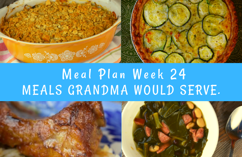 The Weekly Meal Plan for Week 24 includes Mom's Oven Baked Pork Ribs, Crock Pot Calico Beans, Amaretto French Toast, Zucchini Quiche, Easiest Grilled Chicken Ever, Luscious Lettuce Cups, 4 Ingredient Cabbage Casserole, Crock Pot Taco Soup, Collard Greens and Bean Soup, Crock Pot French Dip, French Onion Rice Casserole, Crock Pot Brats, Ranch Cauliflower Salad, and Pumpkin Crunch Cake.